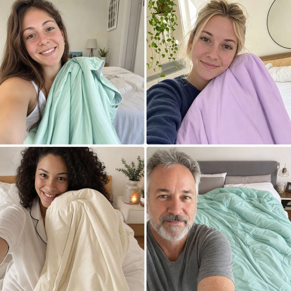 4 Kundinnen und Kunden mit der Ice Silk Kühldecke